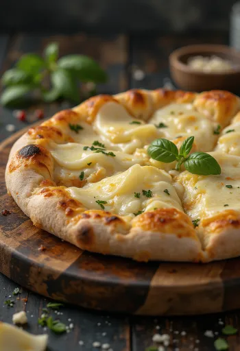 Pizza ai Formaggi serveerituna erinevate juustude ja värske basiilikuga