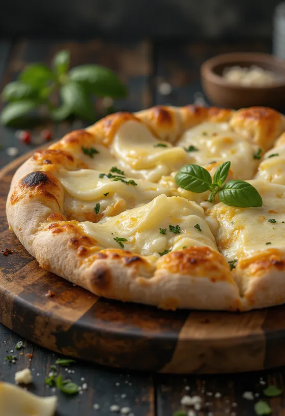Pizza ai Formaggi serveerituna erinevate juustude ja värske basiilikuga