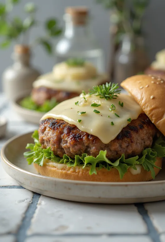 Estragoni-vasikaburger serveerituna