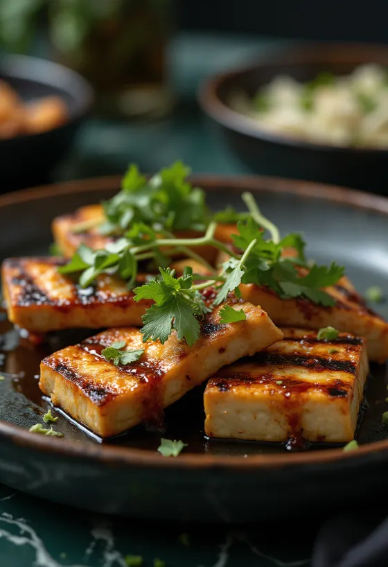 Grillitud tofu vürtsikas kastmes serveeritult