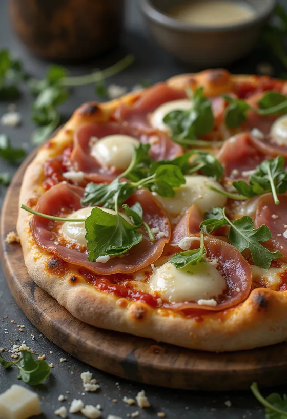Pizza al Prosciutto Crudo serveerituna Parma singi ja rukolaga