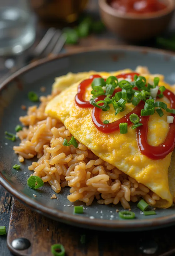Omlettel töltött rizs serveerituna värske rohelise sibulaga