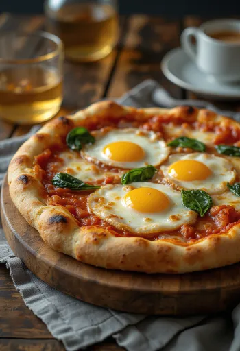 Pizza alla Bismarck serveerituna värske muna ja spinatiga