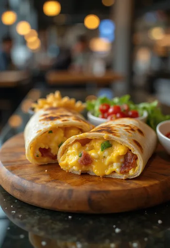 Hommikusöögi-burrito muna, peekoni ja juustuga täidetult