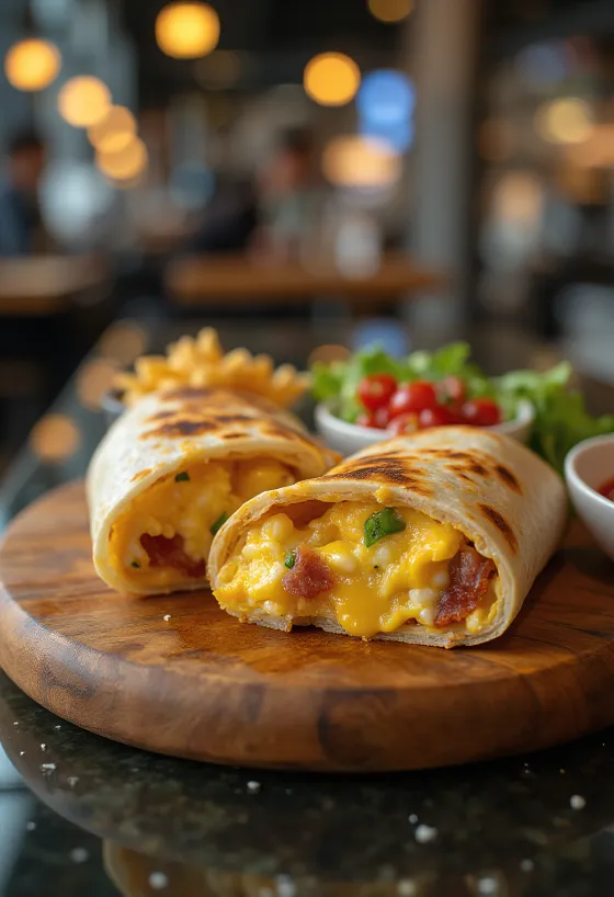 Hommikusöögi-burrito muna, peekoni ja juustuga täidetult