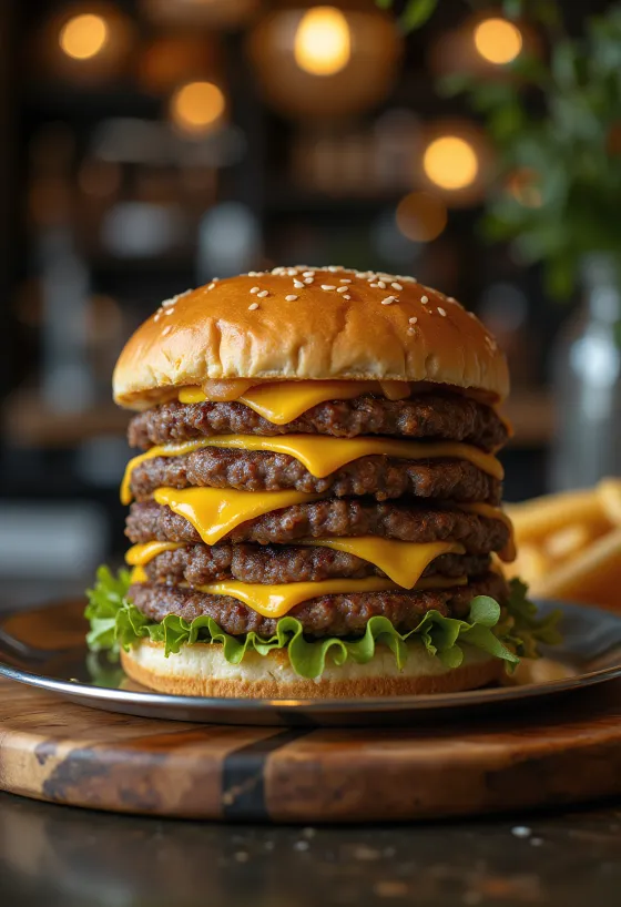 Neljakordse lihaga burger serveerituna