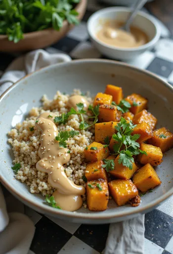 Kõrvitsa-kinoa Buddha kauss laimise tofu ja karri-tahinikastmega serveeritult