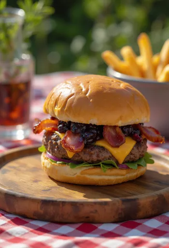 Mustika-peekoniburger serveerituna