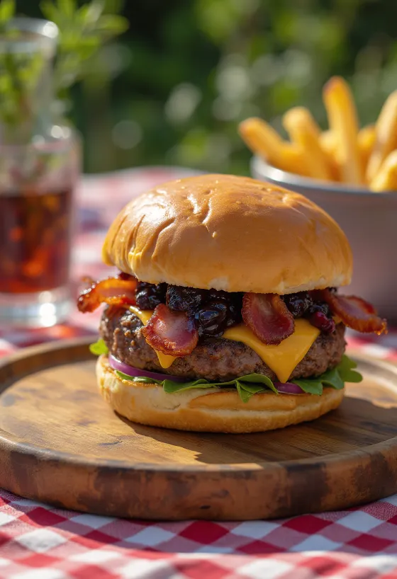 Mustika-peekoniburger serveerituna
