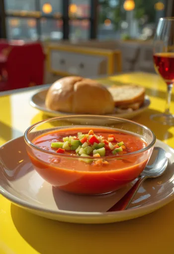 Värske gazpacho jääkülmalt serveerituna, kaunistatud hakitud köögiviljadega