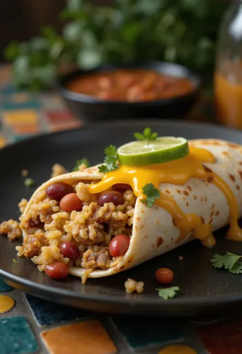 Sealihaburrito tortillalehes, täidetud riisi, ubade ja juustuga