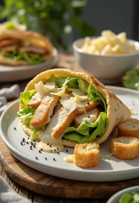 Caesari salat kanaga pita vahel krutoonide ja kastmega