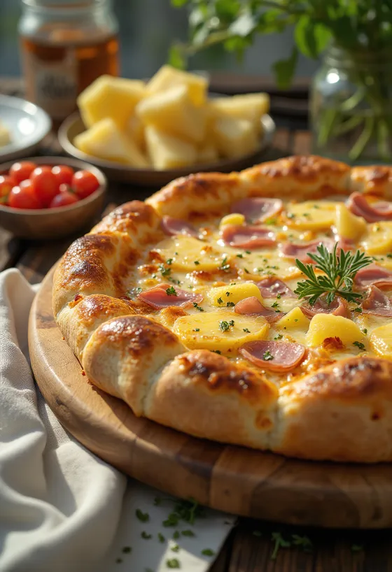 Juustuäärega Hawaii pitsa juustuga serveerituna