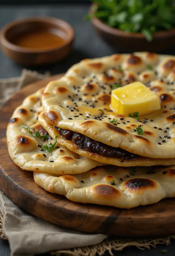 Mooniseemnetäidisega naan serveerituna