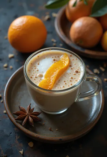 Apelsini-chai tee kruusis, kaunistatud kaneelikoore ja apelsiniviiluga