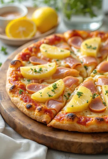 Vegan Hawaii pitsa taimse juustu ja vegan 'singiga' serveerituna