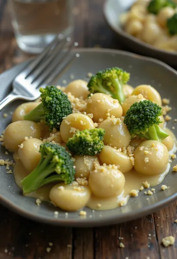 Vegan gnocchi brokoliga serveeritult kreemjas küüslaugukastmes