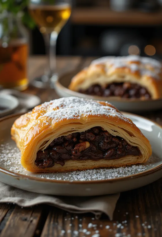 Šokolaadistruudel taldrikul serveerituna
