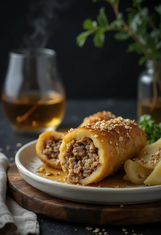 Haggis serveerituna keedetud kartuli ja kaalikaga
