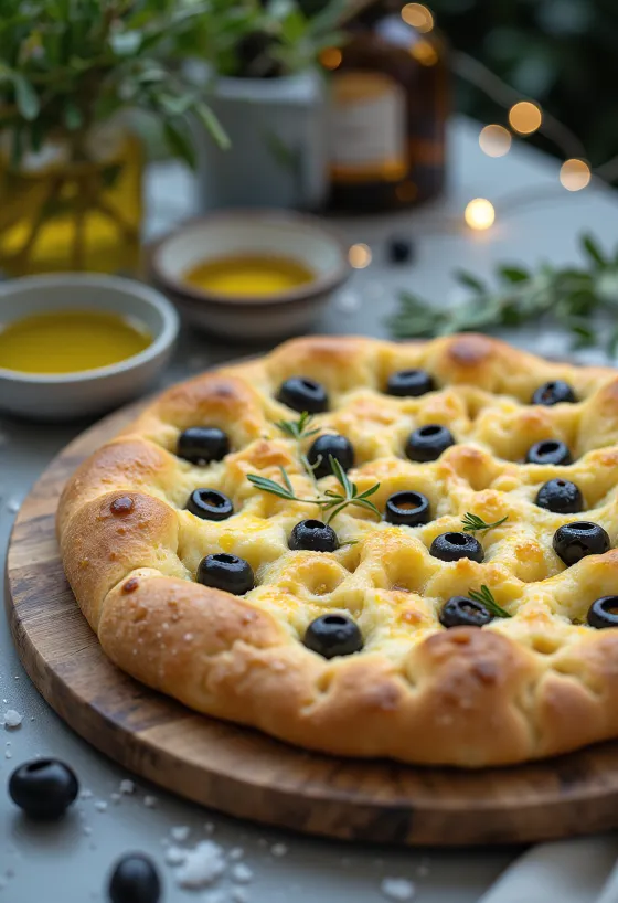 Focaccia rosmariini ja mustade oliividega serveerituna