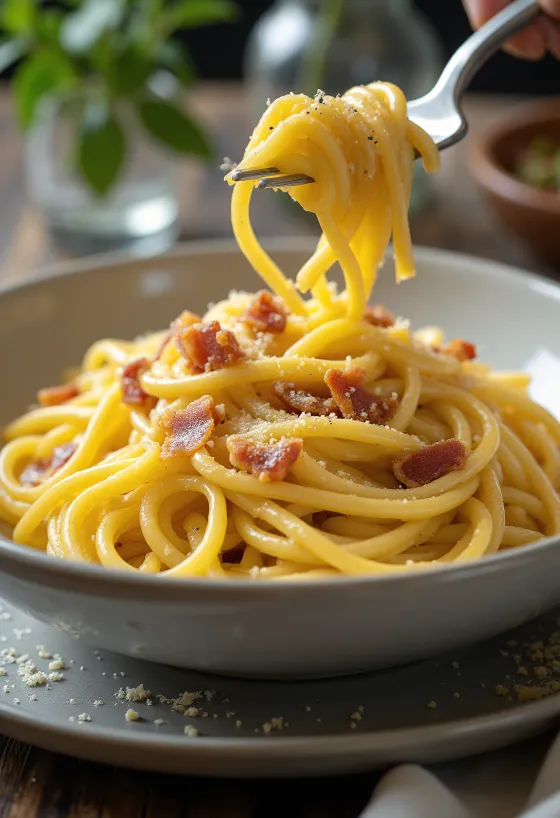 Spagetti Carbonara krõbeda peekoniga