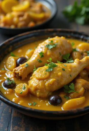 Kana-tagine soolatud sidrunitega serveerituna traditsioonilises tagine-potis
