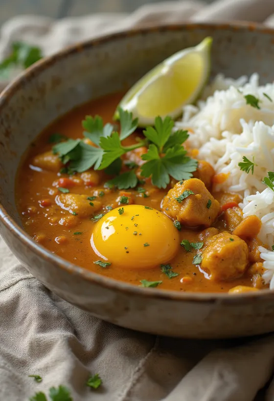 Vegan baklažaanikarri riisiga serveeritult, värske koriandriga ülepuistatult