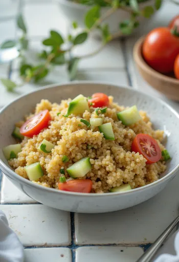 Kinoa-salat tahini-kastmega serveerituna