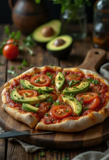 Vegan pitsa avokaadoga ja värskete köögiviljadega serveeritult