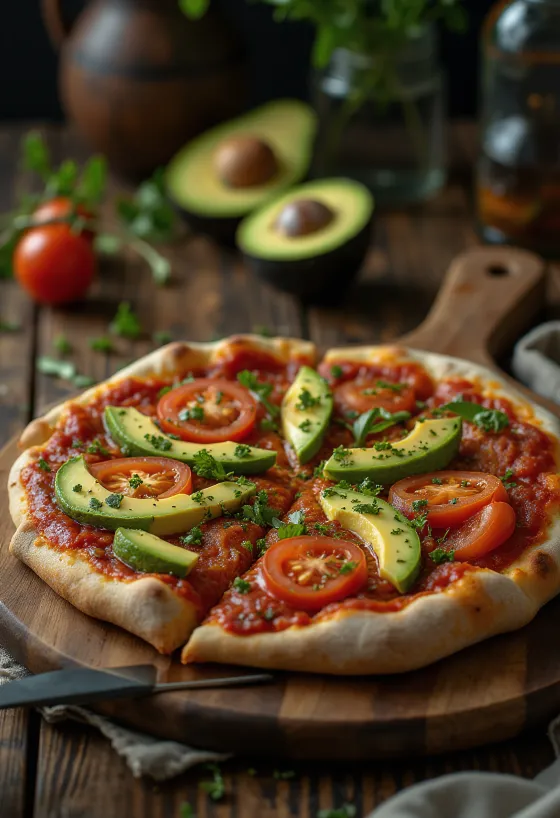Vegan pitsa avokaadoga ja värskete köögiviljadega serveeritult