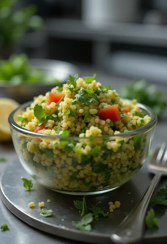 Kinoa-tabbouleh värskete ürtidega serveerituna