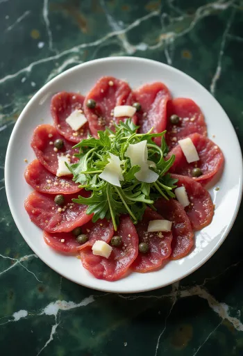 Hirveliha-carpaccio rukola ja parmesaniga