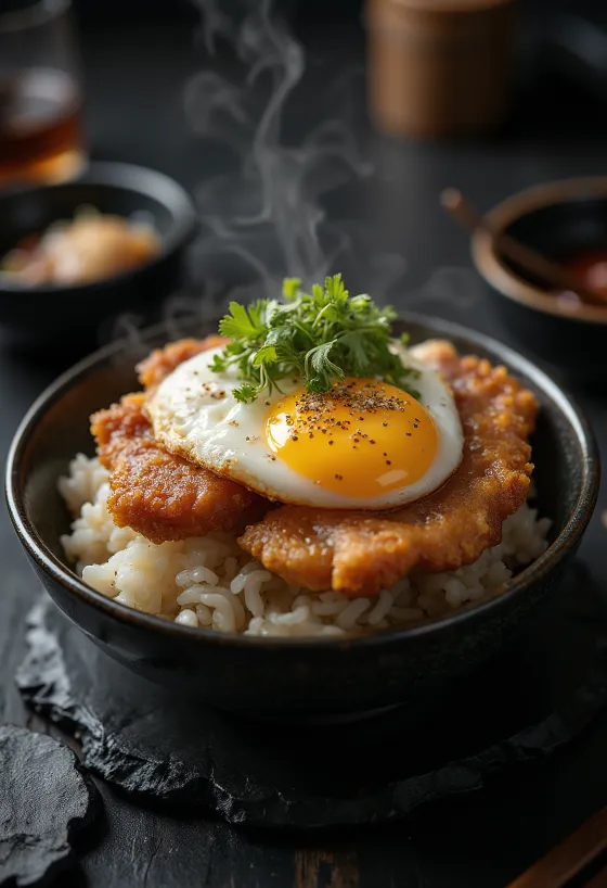 Katsudon serveeritud, krõbeda sealiha ja rohelise sibulaga