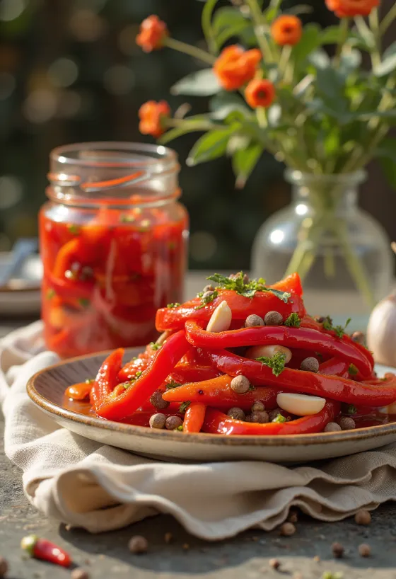 Magushapud marineeritud punase paprika ribad purgis serveerituna