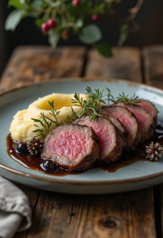 Hirve välisfilee kadakamarjakastmes röstitud köögiviljadega