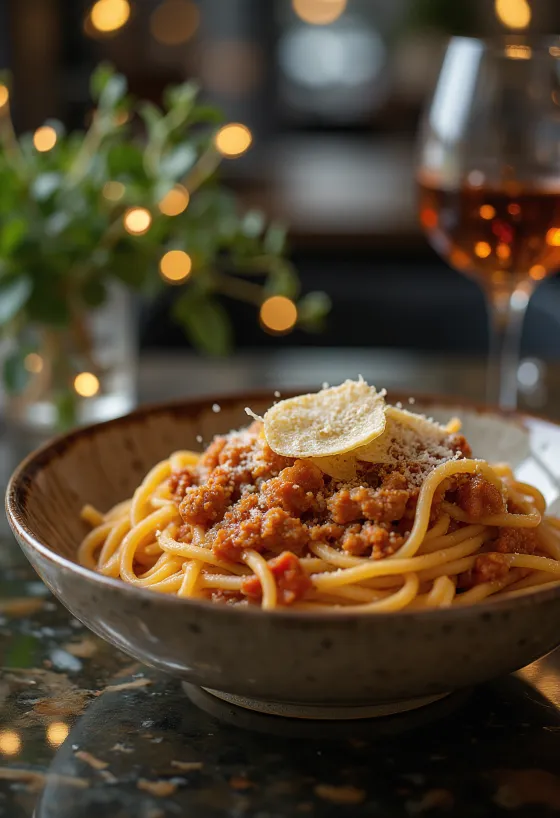 Spagetid Bolognese värske basiiliku ja parmesaniga ülepuistatult