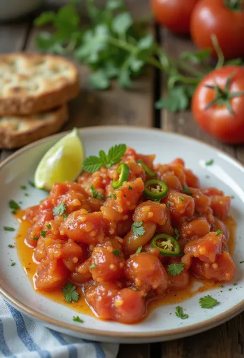 Jalapeño-tomati-laimi tšatni serveerituna