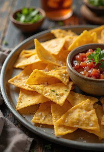 Vegán tortilla-krõpsud salsaga serveeritud