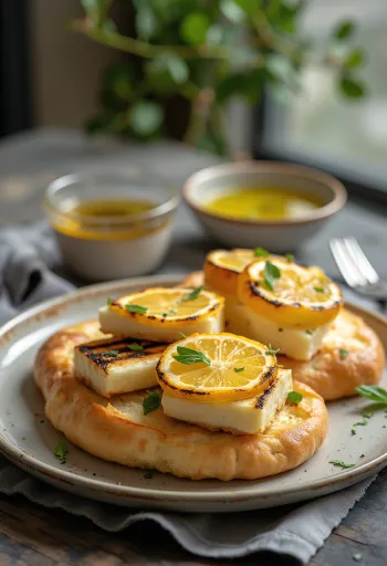 Focaccia grillitud halloumi ja sidruniga serveeritult