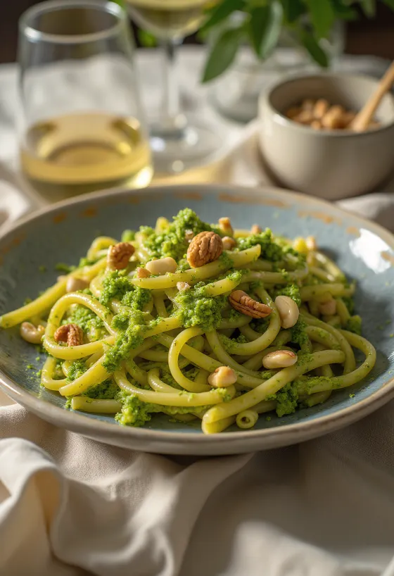 Vegán pasta pestoga, serveeritud värske basiiliku ja röstitud piiniaseemnetega.