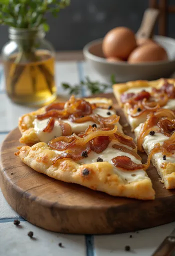 Flammkuchen hapukoore, sibula ja peekoniga