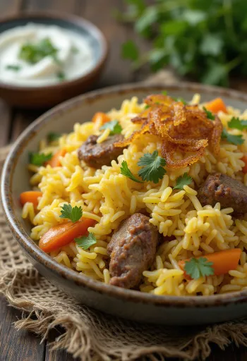 Köögivilja-biryani lambalihaga, rikkalik vürtsikas riis ja pehme lambaliha