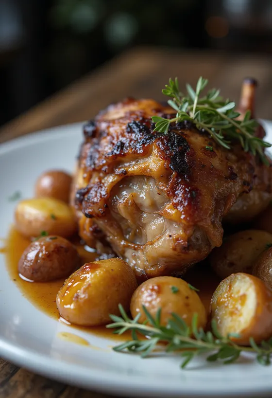 Pardi-confit serveeritult kartulipüree ja köögiviljadega