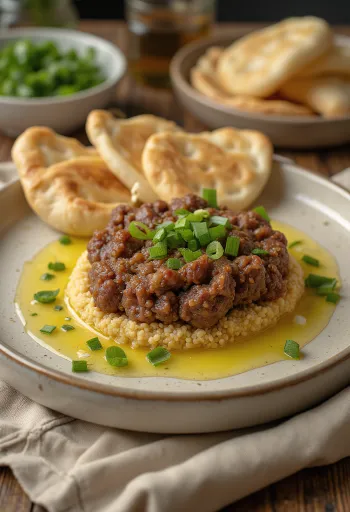 Kibbeh Nayyeh serveeritud värske pita leiva ja granaatõunaseemnetega