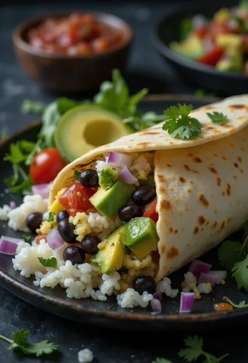 Vegan burrito riisi, ubade, avokaado ja maisiga täidetud