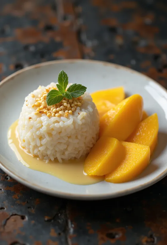 Kleepuv riis mangoga serveerituna