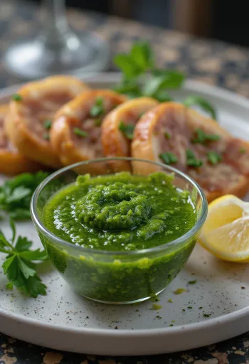 Chimichurri kaste serveerituna grillitud lihaga