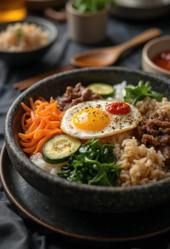Bibimbap serveeritud härjasilma ja köögiviljadega
