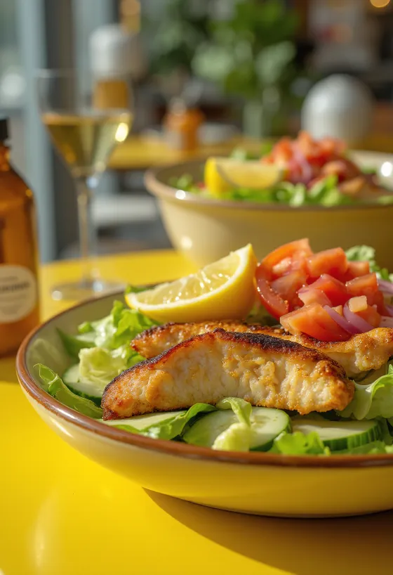 Värske kanasalat krõmpsuvate köögiviljade ja grillitud kanafileega, palsamiäädikakastmes.