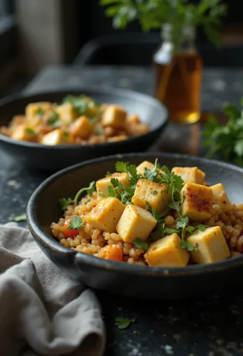 Küüslaugune kinoa-vokiroog tahini ja tofuga serveeritult